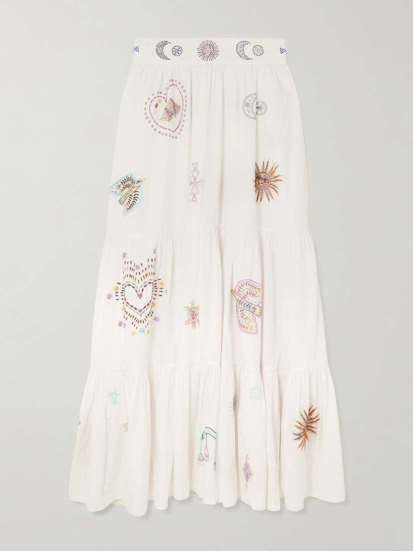 Camilla Living In Color Embellished Embroidered Tiered Cotton Maxi Skirt