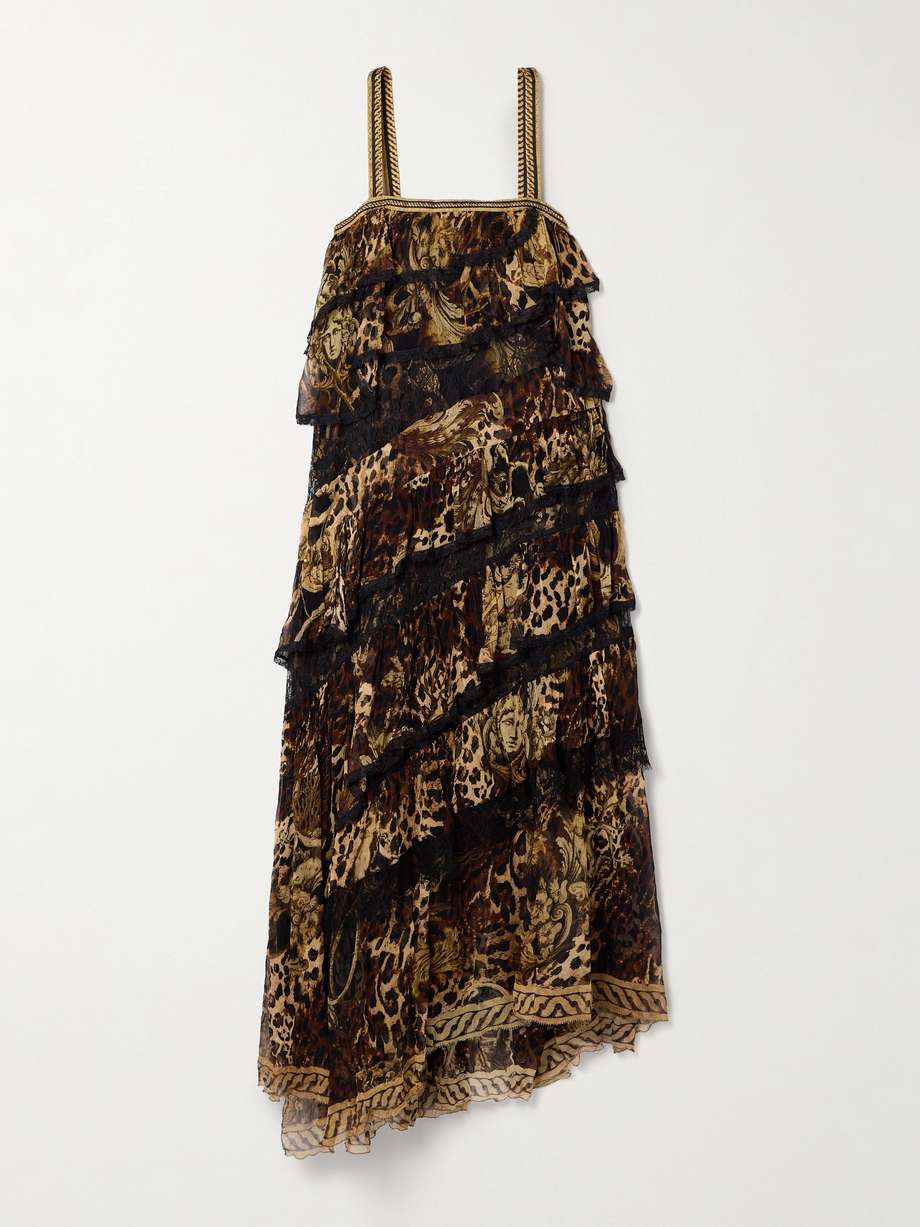 tiered lace-trimmed crystal-embellished printed silk-crepon maxi dress