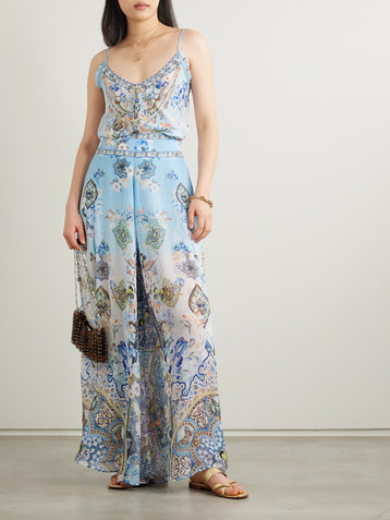 Camilla Al Manial Palace embellished printed silk-crepon wide leg pants