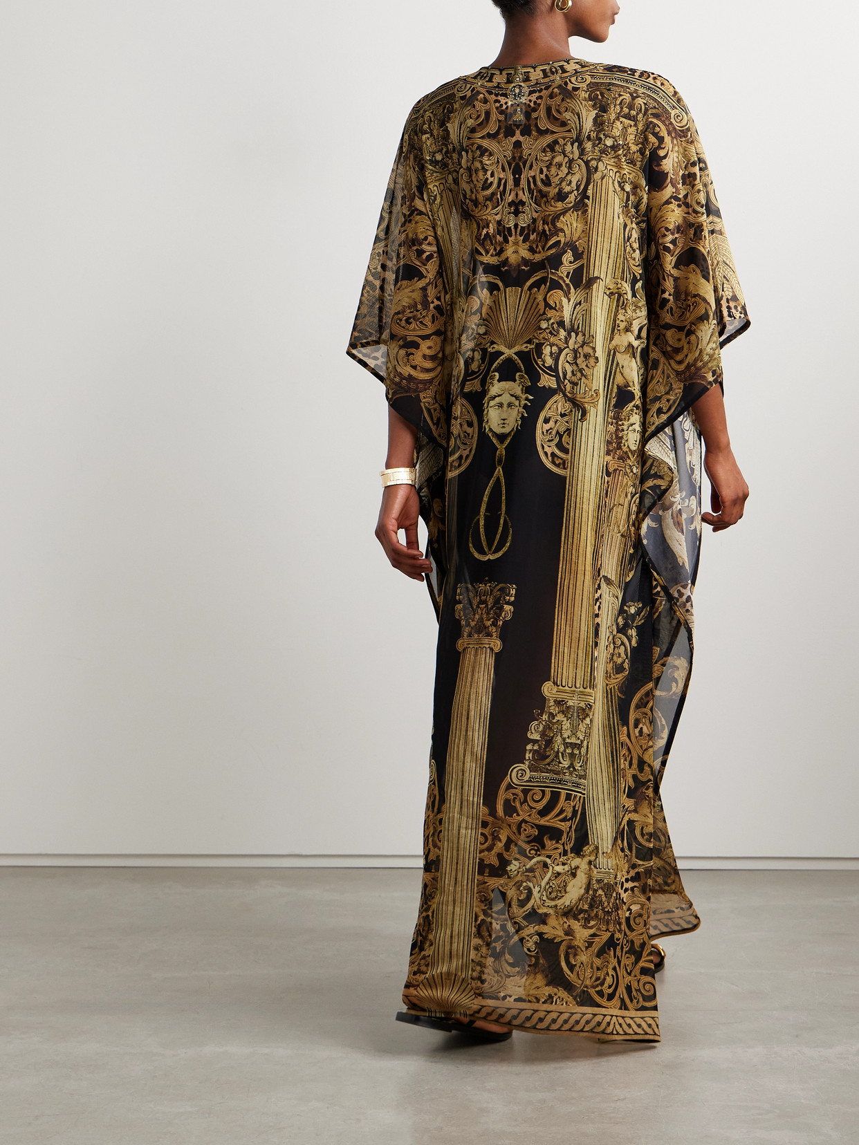 CAMILLA EMBELLISHED PRINTED RECYCLED STRETCH-MESH KAFTAN