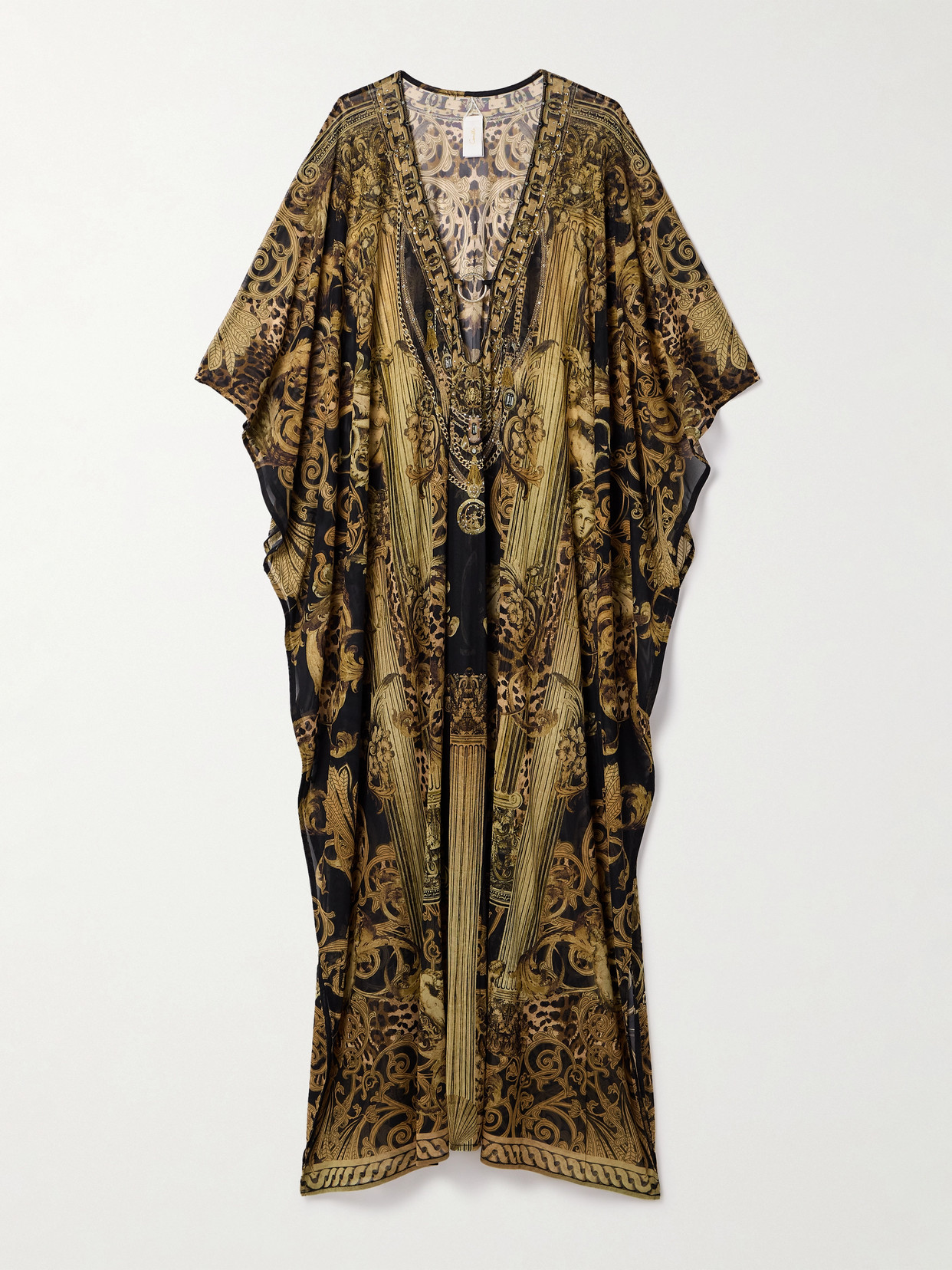 Camilla Embellished Printed Recycled Stretch-mesh Kaftan In Black