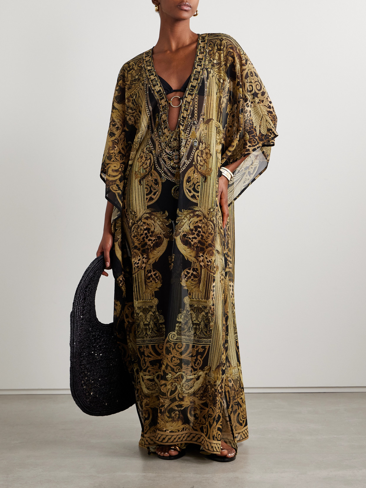 CAMILLA EMBELLISHED PRINTED RECYCLED STRETCH-MESH KAFTAN