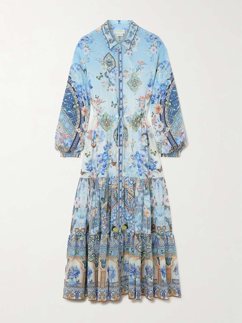 Camilla Tiered Embellished Printed Silk-crepe Maxi Shirt Dress