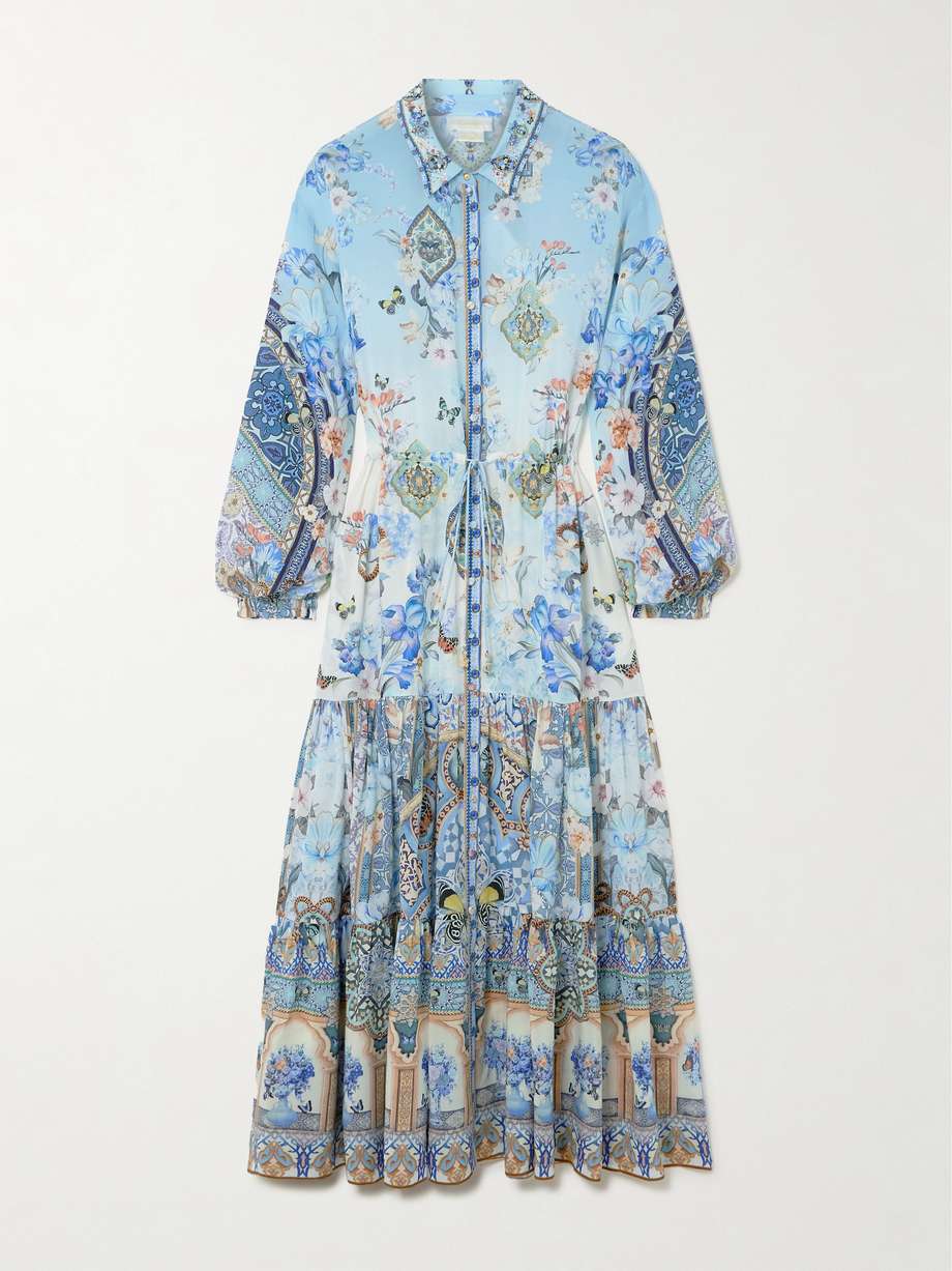 tiered embellished printed silk-crepe maxi shirt dress
