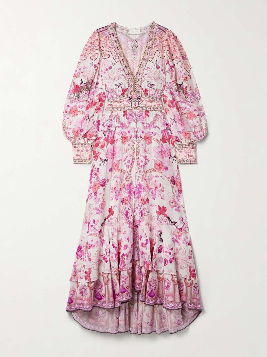 crystal-embellished printed silk maxi dress