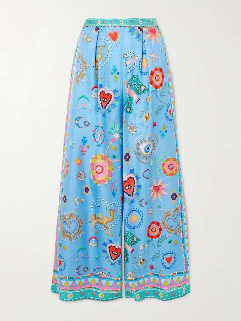 Camilla A Painted Village Embellished Printed Pleated Silk-twill Wide-leg Pants