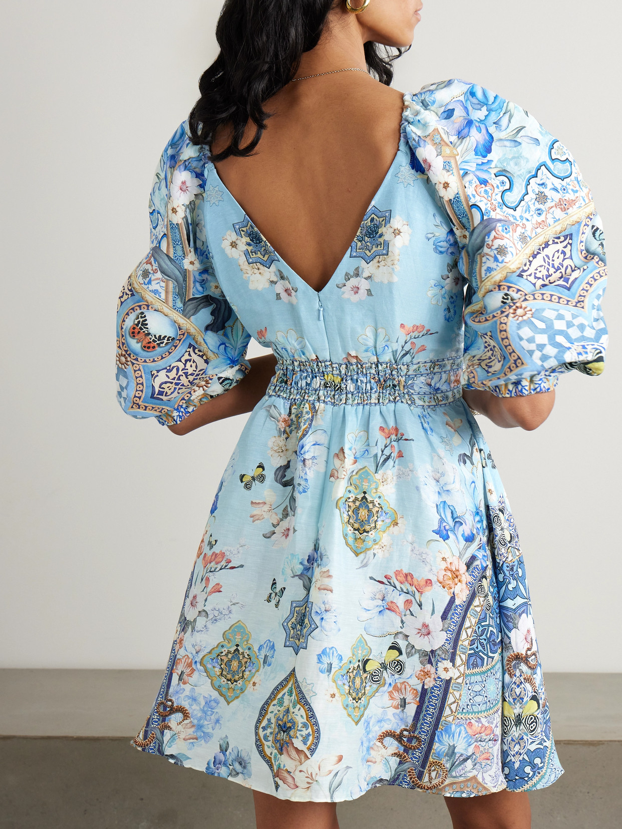 Camilla Al Manial Palace Memoirs Twist-front Crystal-embellished Linen And Silk-blend Mini Dress In Blue