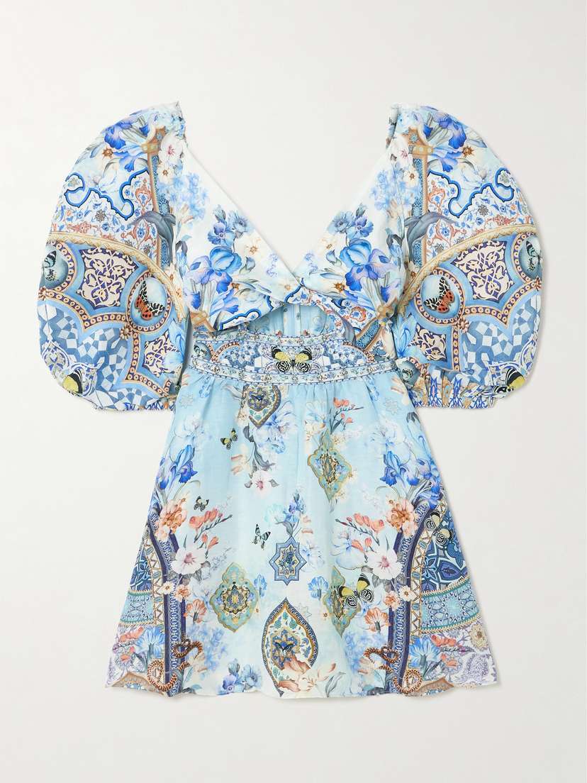 Camilla Al Manial Palace Memoirs Twist-front Crystal-embellished Linen And Silk-blend Mini Dress