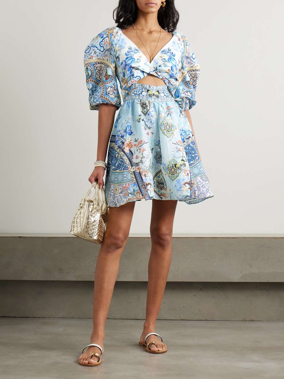 al manial palace memoirs twist-front crystal-embellished linen and silk-blend mini dress