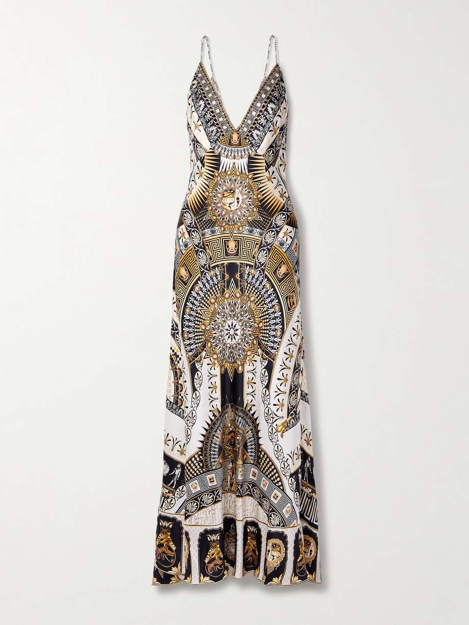 crystal-embellished printed silk-satin maxi dress