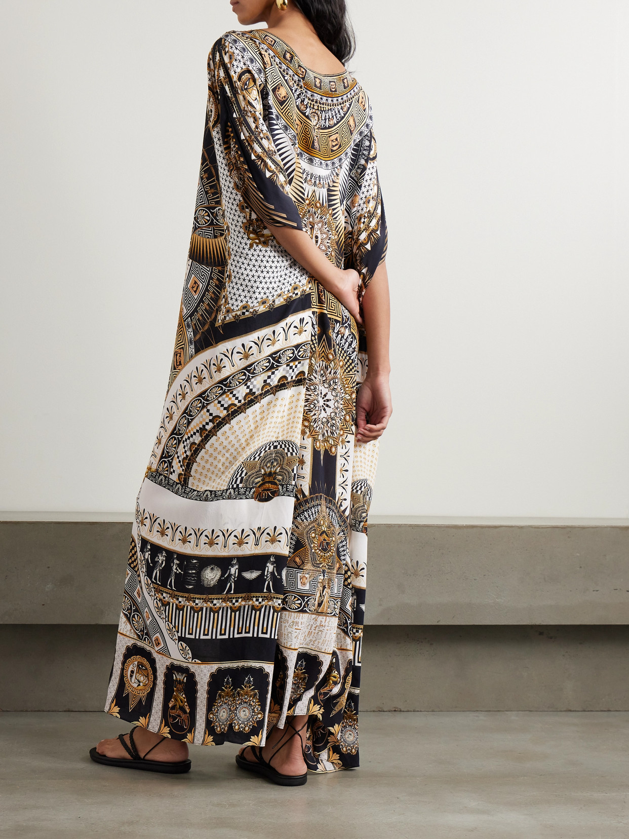 CAMILLA TEMPLES OF DENDARA CRYSTAL-EMBELLISHED PRINTED SILK-CREPE KAFTAN