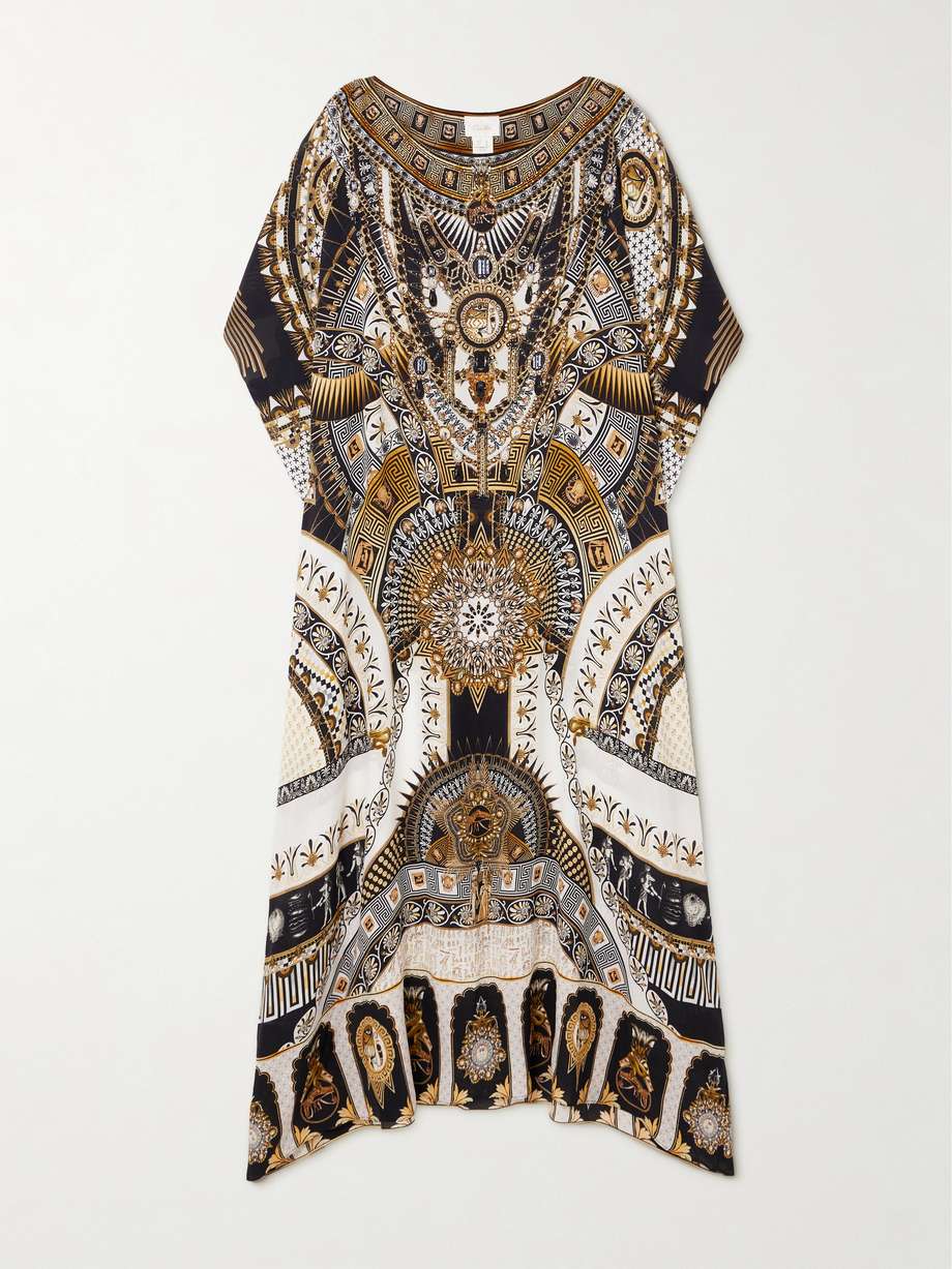 temples of dendara crystal-embellished printed silk-crepe kaftan
