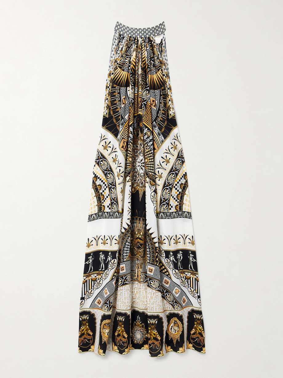 crystal-embellished printed silk crepe de chine maxi dress