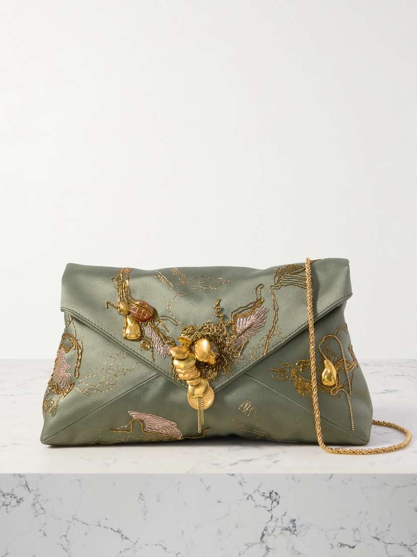Dries Van Noten Embellished Embroidered Satin Clutch