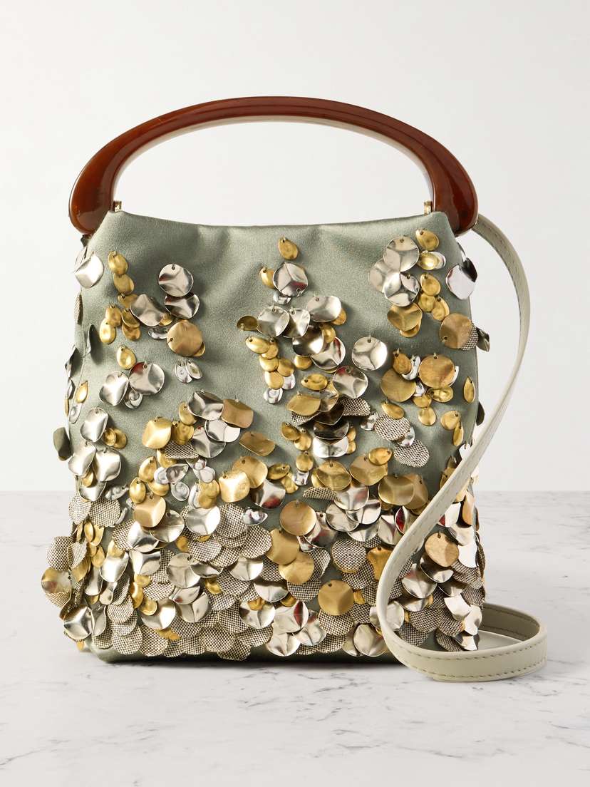 Dries Van Noten Leather-trimmed Embellished Satin Shoulder Bag