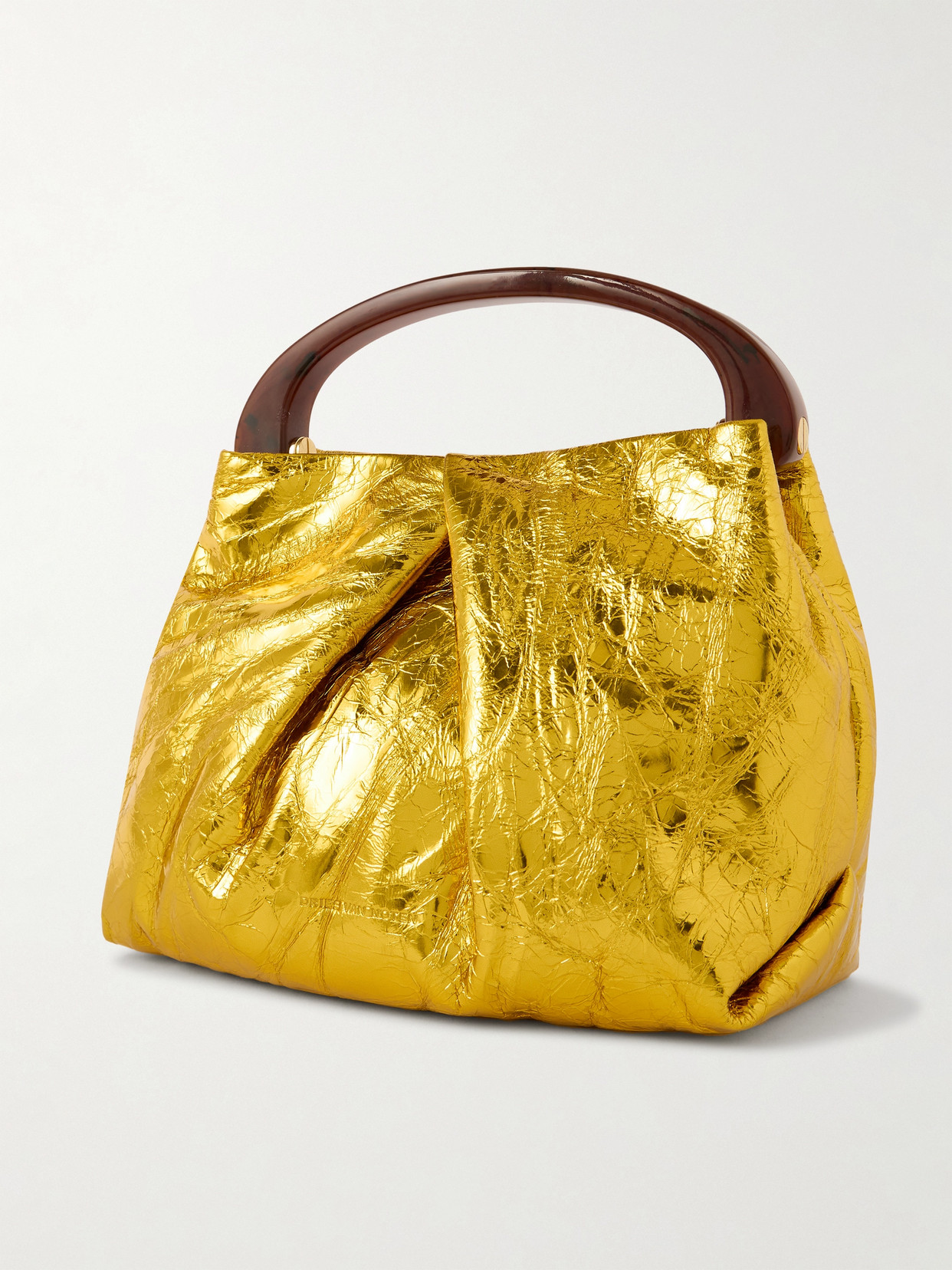 Shop Dries Van Noten Gathered Metallic Textured-leather Tote In Gold