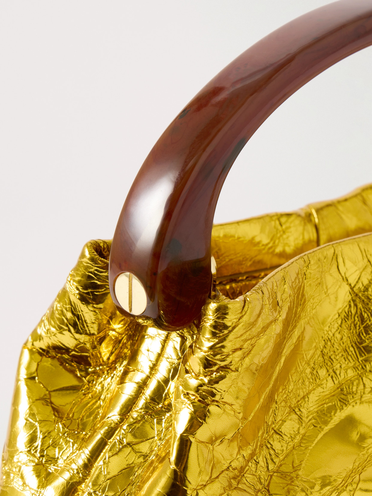 Shop Dries Van Noten Gathered Metallic Textured-leather Tote In Gold