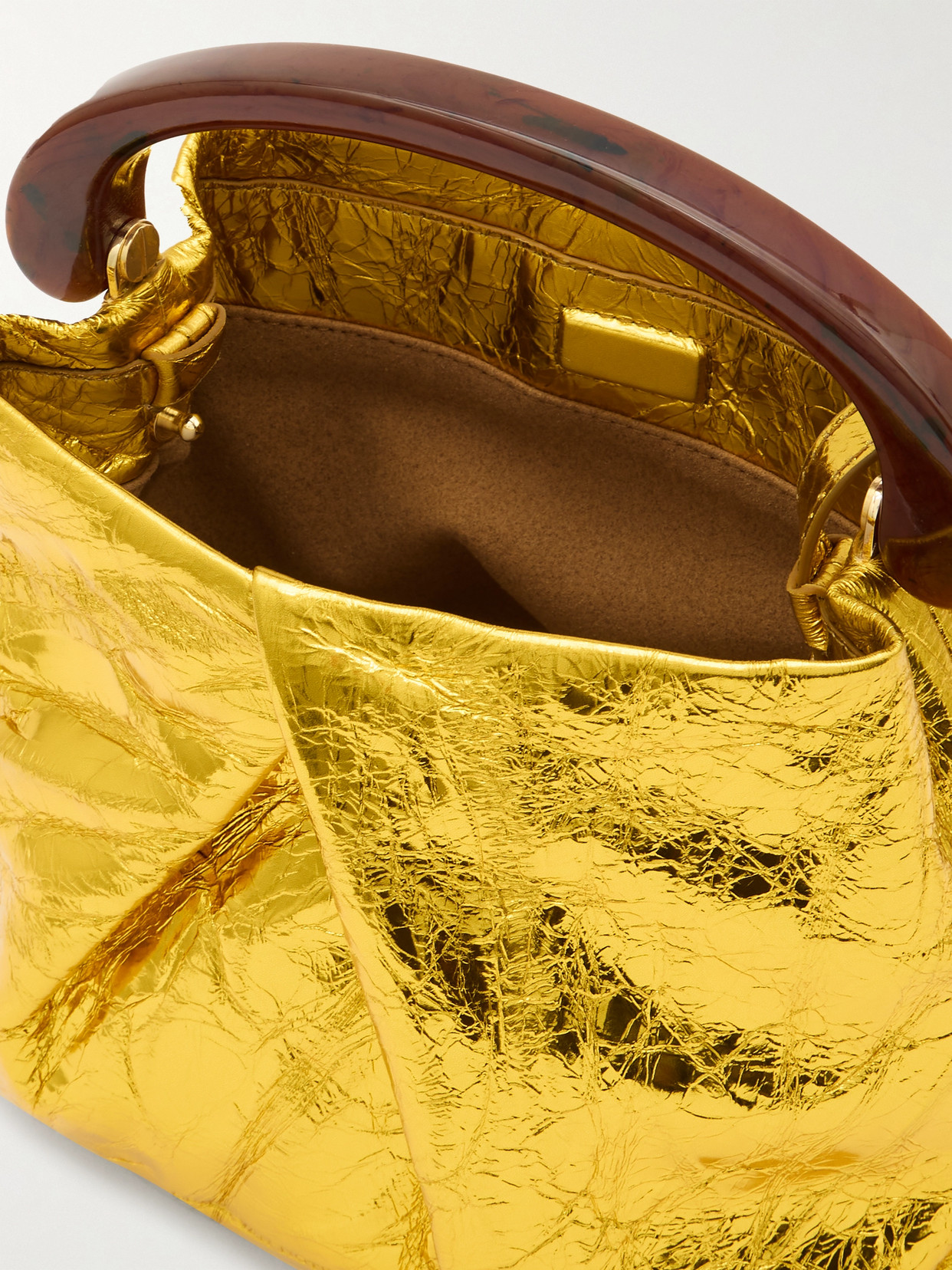Shop Dries Van Noten Gathered Metallic Textured-leather Tote In Gold