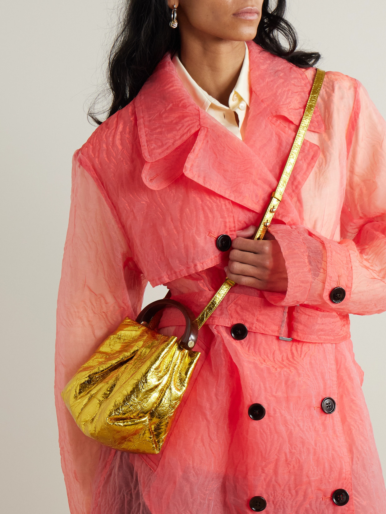 Shop Dries Van Noten Gathered Metallic Textured-leather Tote In Gold