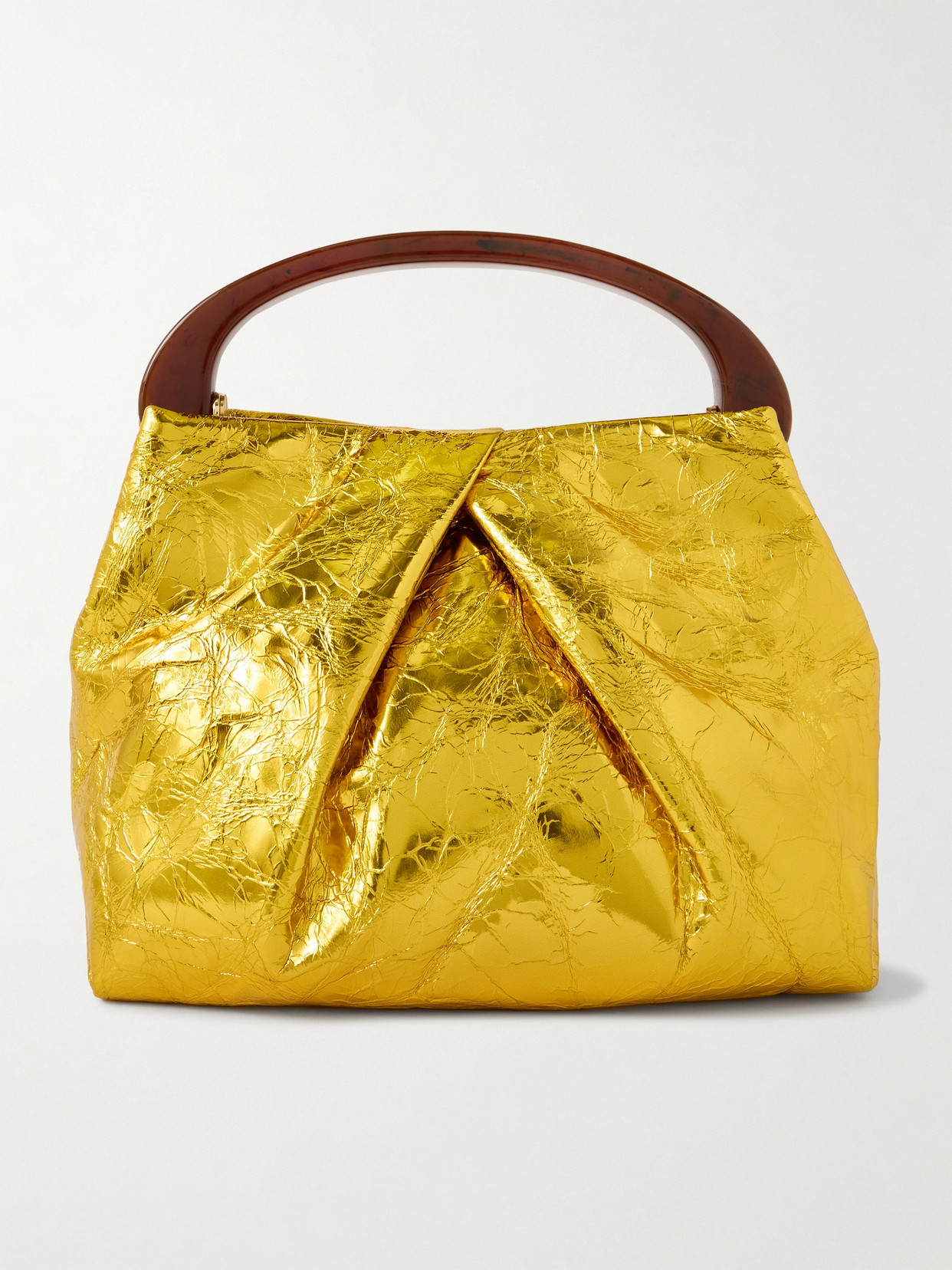 Shop Dries Van Noten Gathered Metallic Textured-leather Tote In Gold