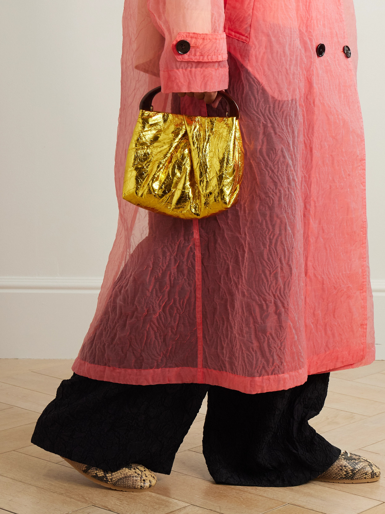 Shop Dries Van Noten Gathered Metallic Textured-leather Tote In Gold