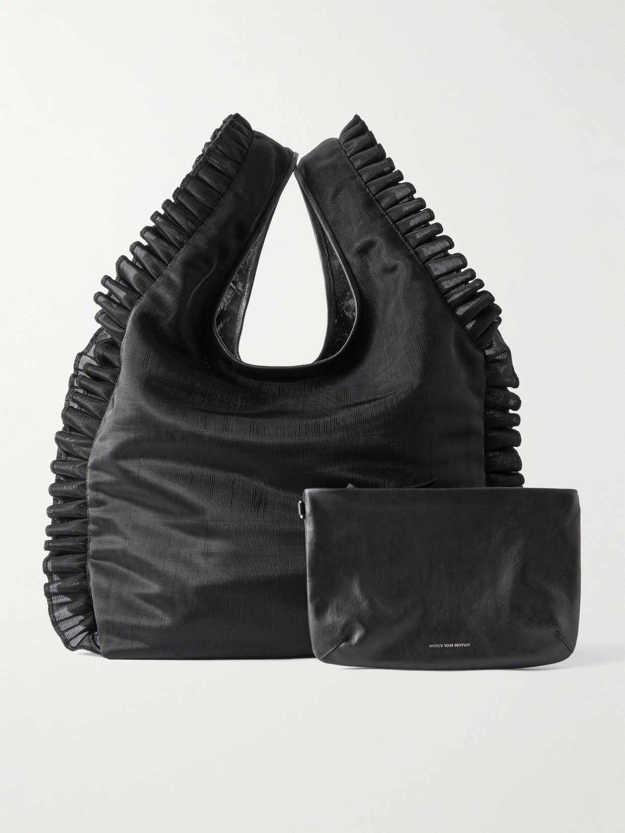 Shop Dries Van Noten Leather-trimmed Ruffled Mesh Tote In Black