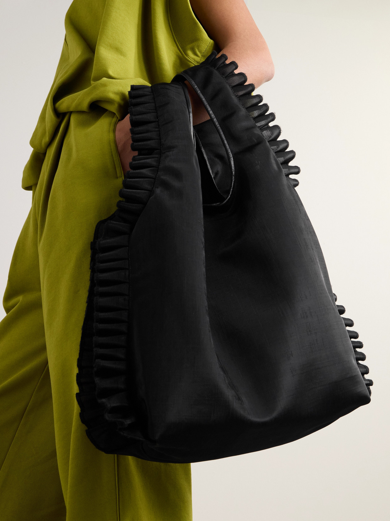 Shop Dries Van Noten Leather-trimmed Ruffled Mesh Tote In Black