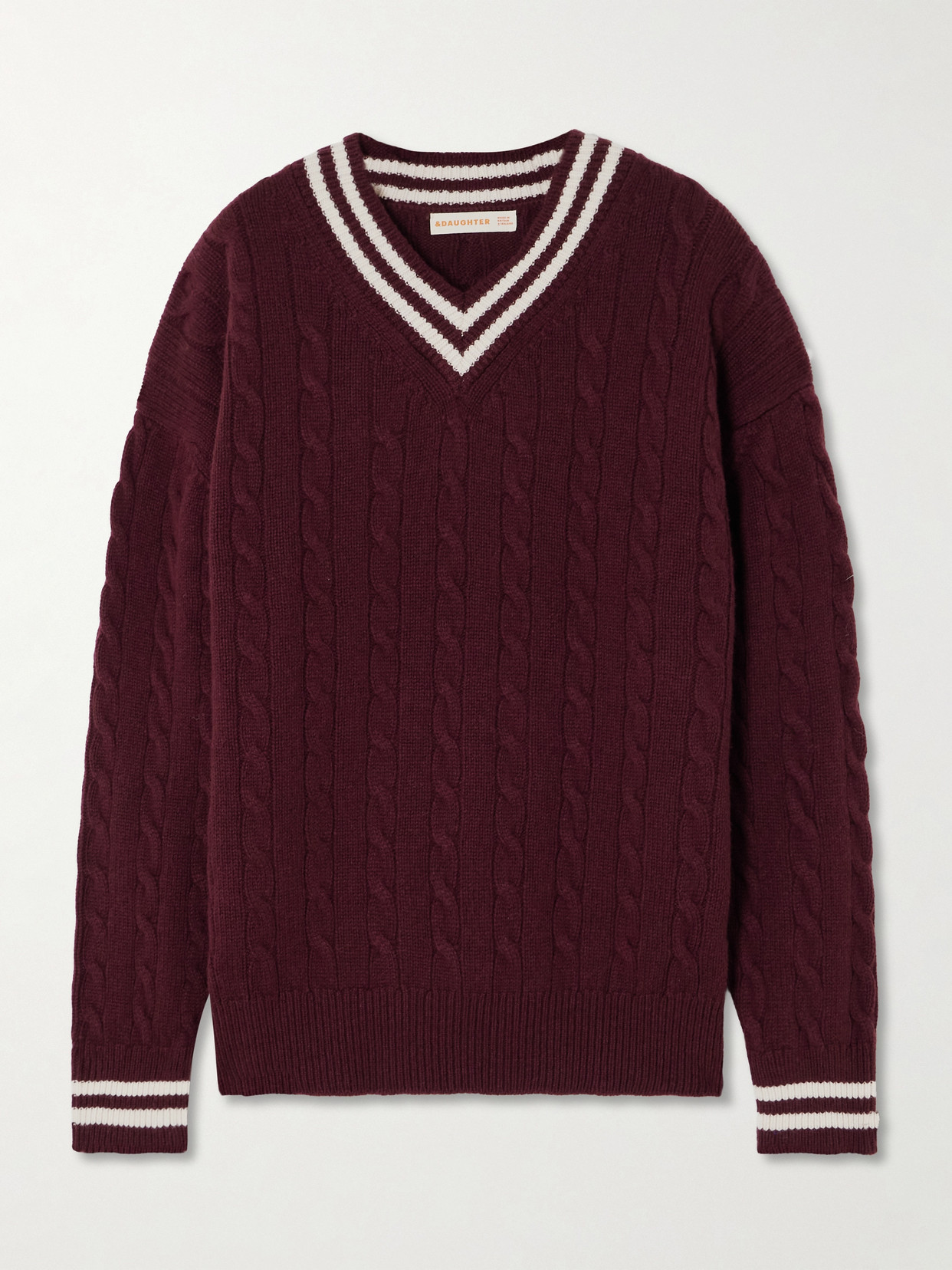 Daughter Striped Cable-knit Wool And Cashmere-blend Sweater In Burgundy