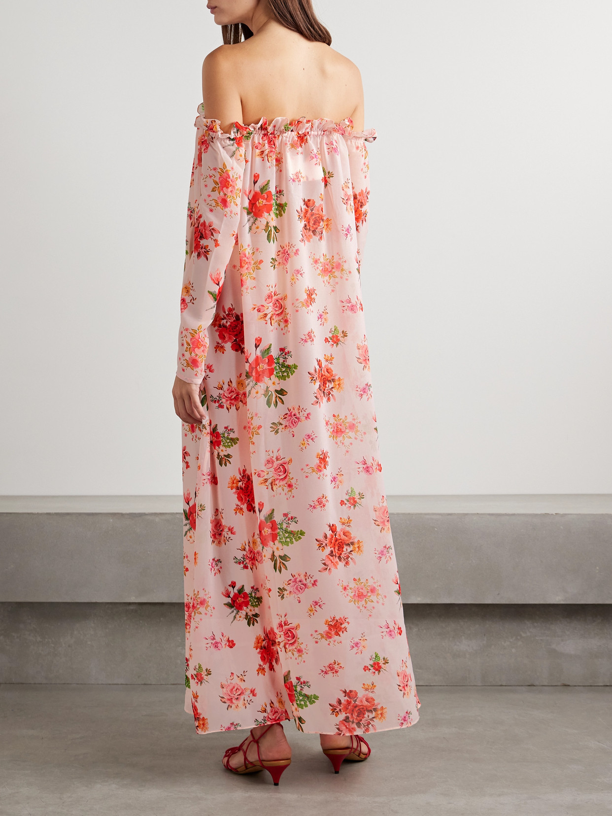 KIKA VARGAS DEDE OFF-THE-SHOULDER RUFFLED FLORAL-PRINT CREPE DE CHINE MAXI DRESS