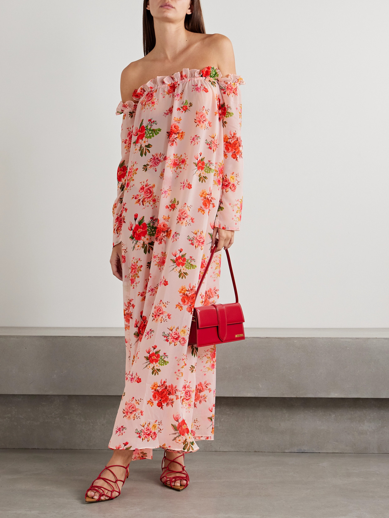 KIKA VARGAS DEDE OFF-THE-SHOULDER RUFFLED FLORAL-PRINT CREPE DE CHINE MAXI DRESS