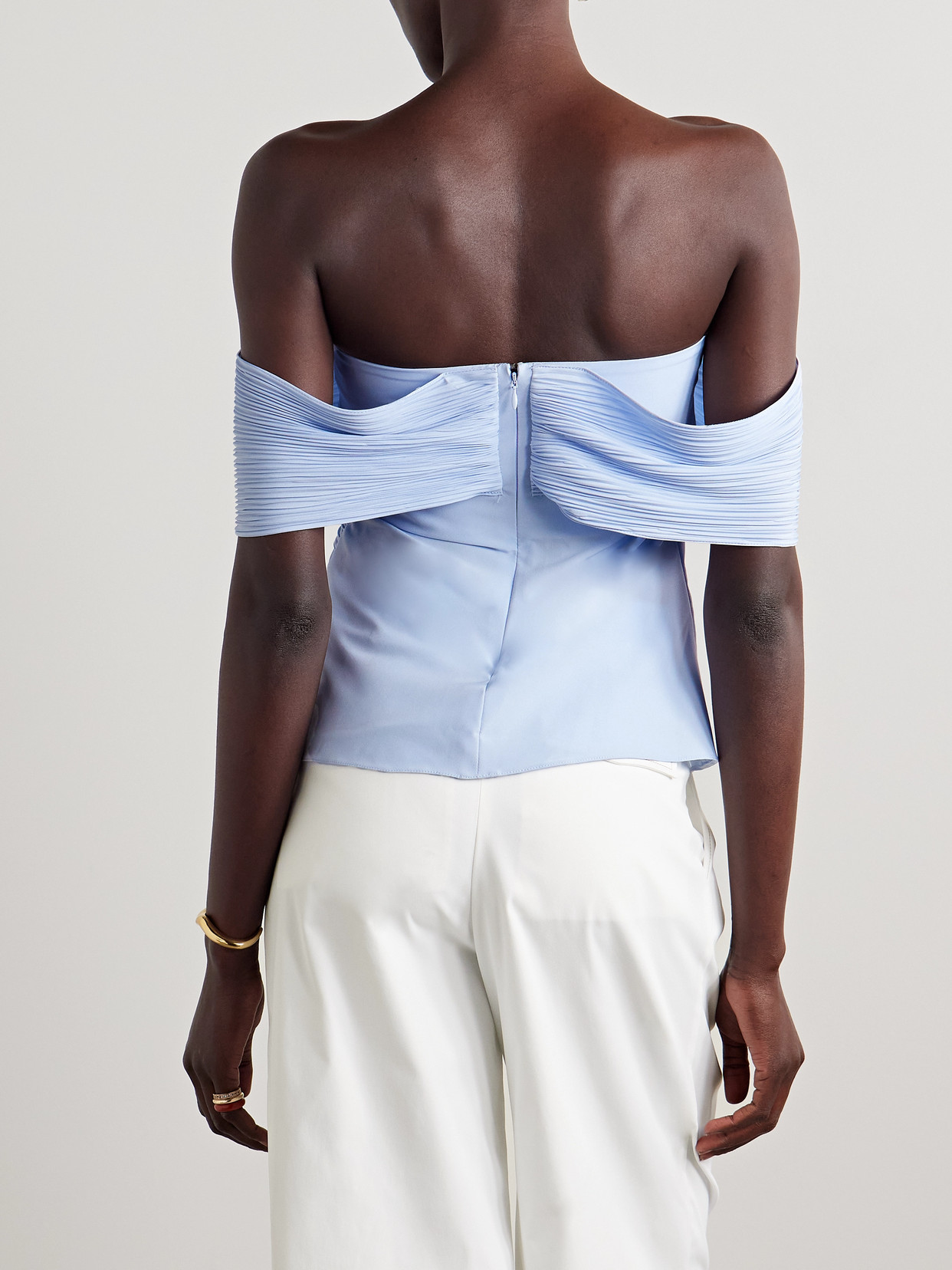 Penelope Off-The-Shoulder Guipure Lace-Trimmed Plissé-Crepe De Chine Top