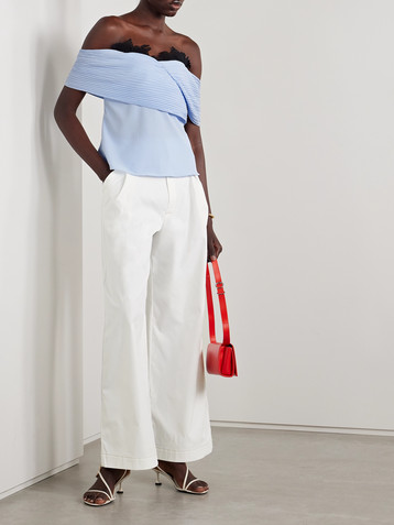 Kika Vargas Penelope off-the-shoulder guipure lace-trimmed plissé-crepe de chine top