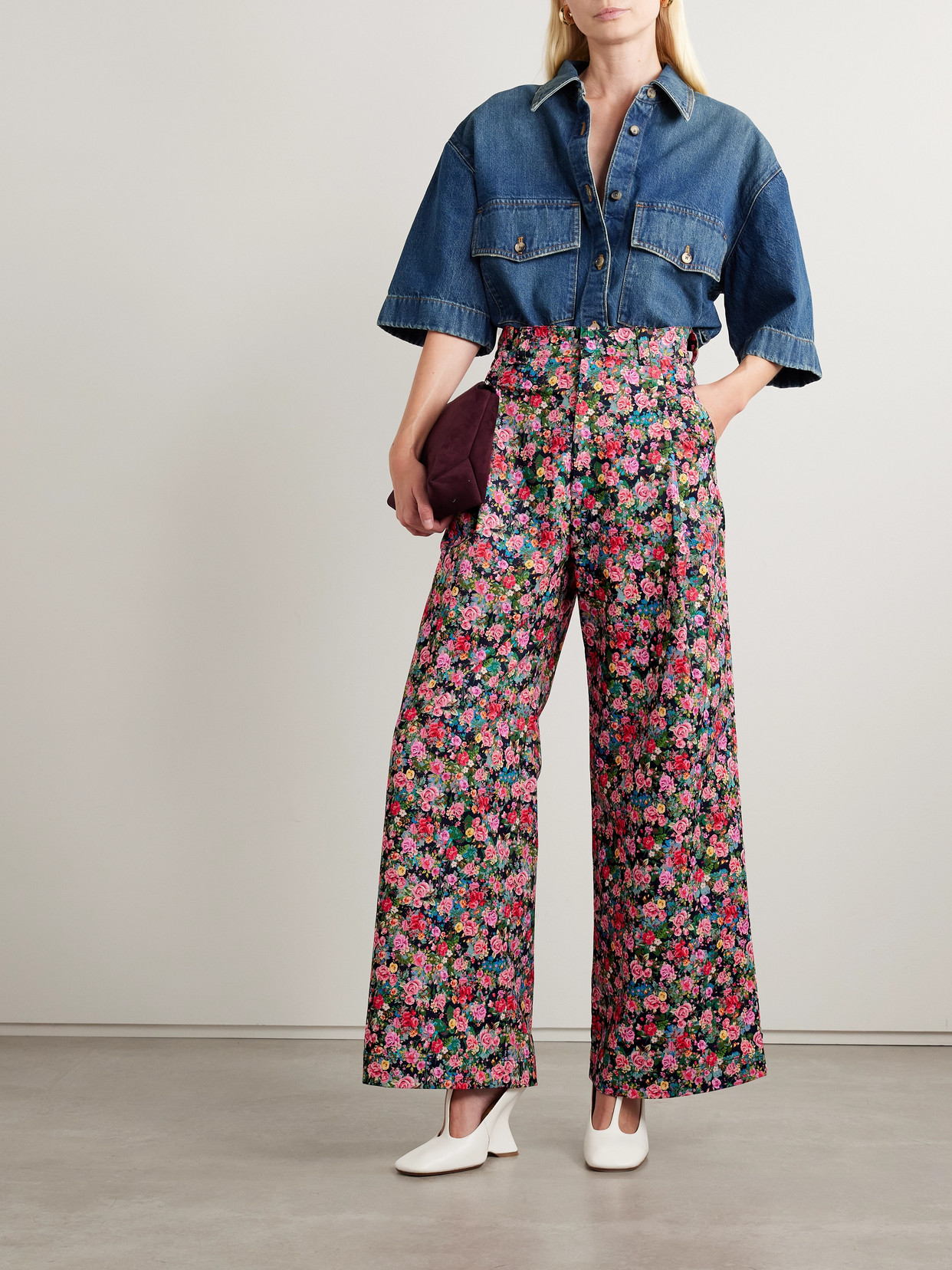KIKA VARGAS OLYMPE PLEATED FLORAL-PRINT WOVEN WIDE-LEG PANTS