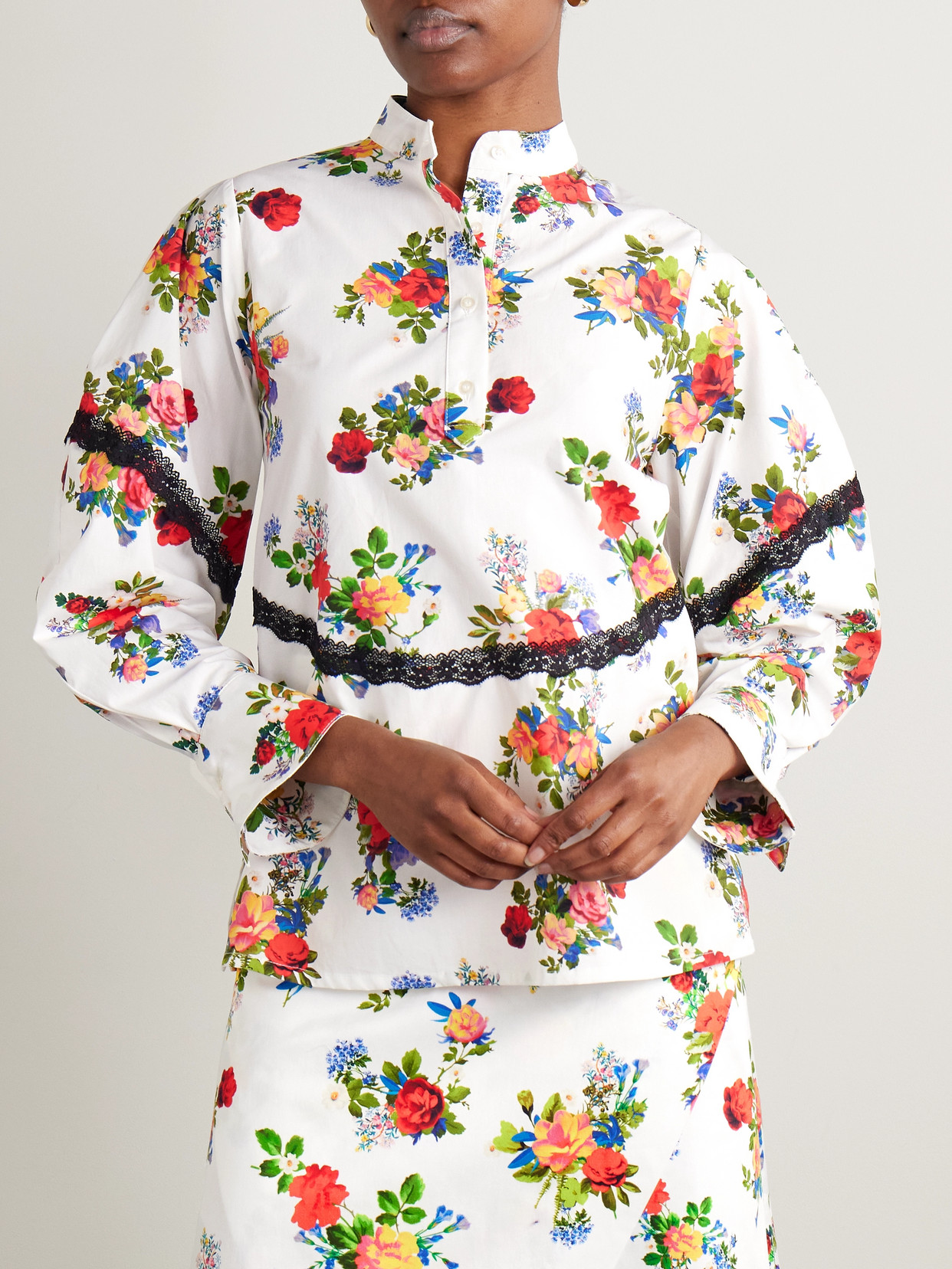Kika Vargas Mj Lace-trimmed Floral-print Cotton-poplin Top In Multi