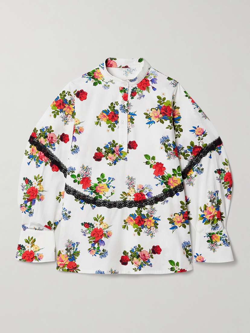 Kika Vargas Mj Lace-trimmed Floral-print Cotton-poplin Top