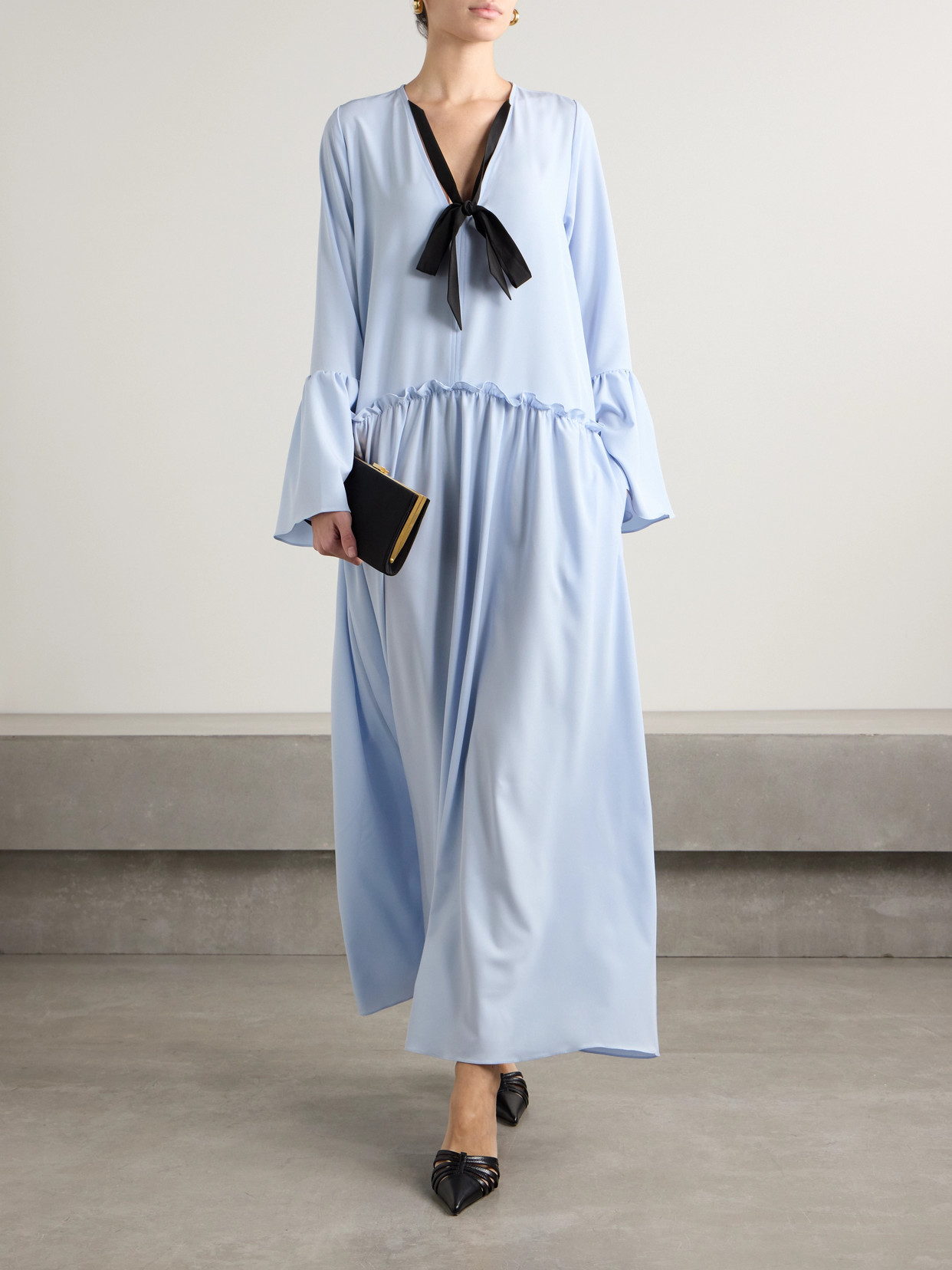 KIKA VARGAS GERAL TIE-DETAILED GATHERED SATIN MAXI DRESS