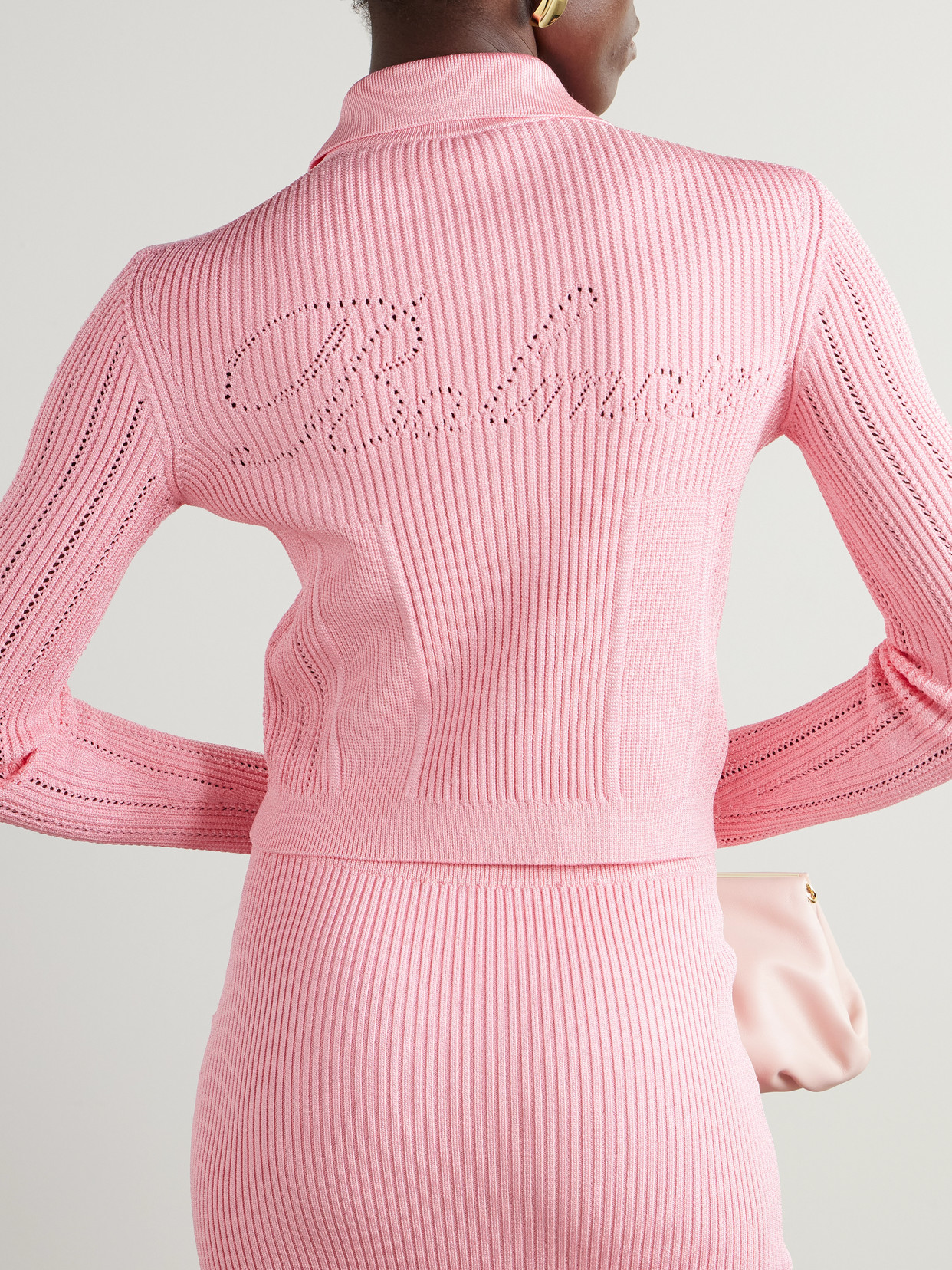 Balmain Cropped Ribbed Knit Cardigan With Openwork Details In Pink