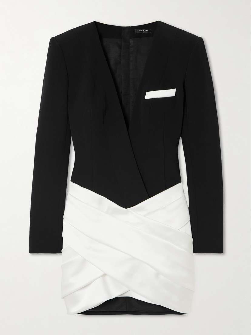 Balmain Two-tone Asymmetric Crepe And Pleated Satin Mini Dress