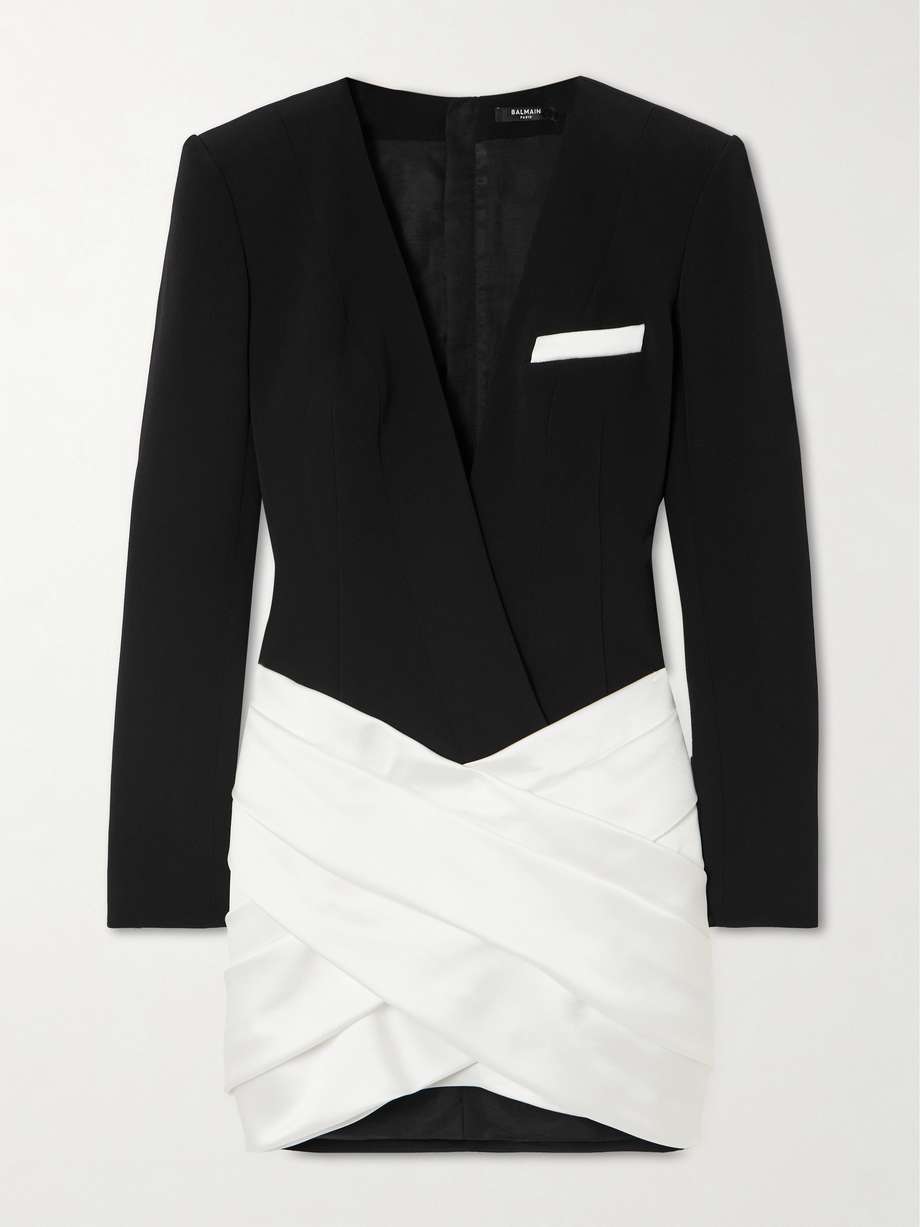 two-tone asymmetric crepe and pleated satin mini dress