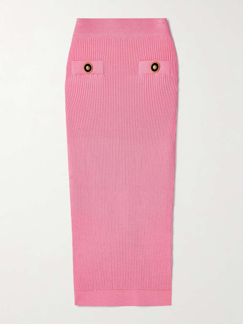 Balmain Button-embellished Ribbed-knit Midi Skirt