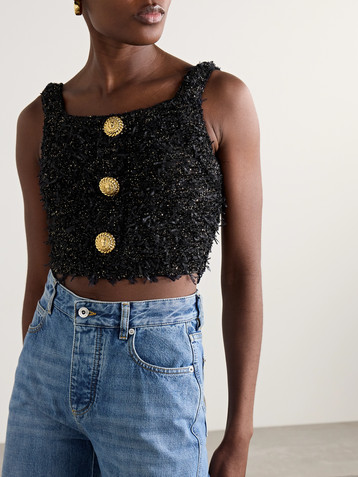 Balmain Cropped button-embellished sequined metallic bouclé-tweed top