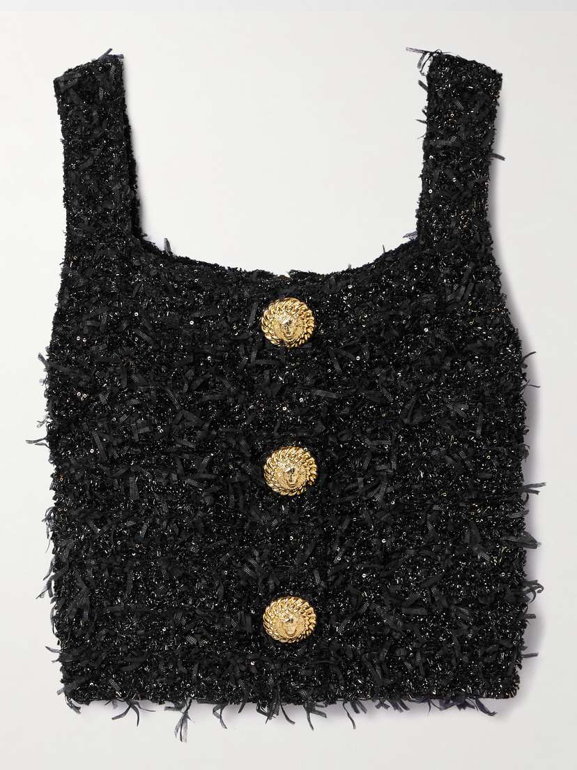 Balmain Cropped Button-embellished Sequined Metallic Bouclé-tweed Top
