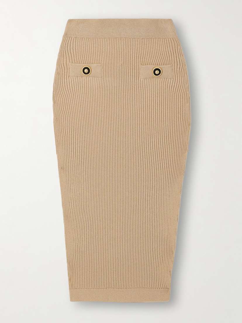 Balmain Button-embellished Ribbed-knit Midi Skirt