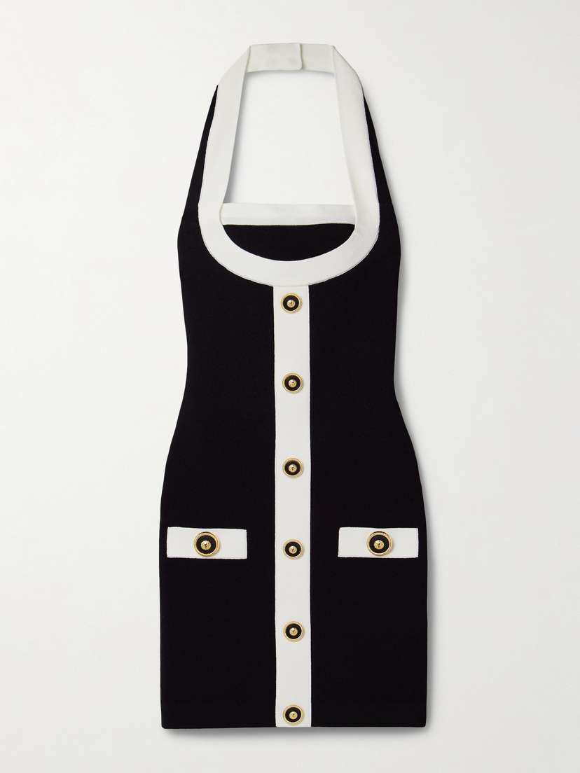 Balmain Button-embellished Knitted Halterneck Mini Dress