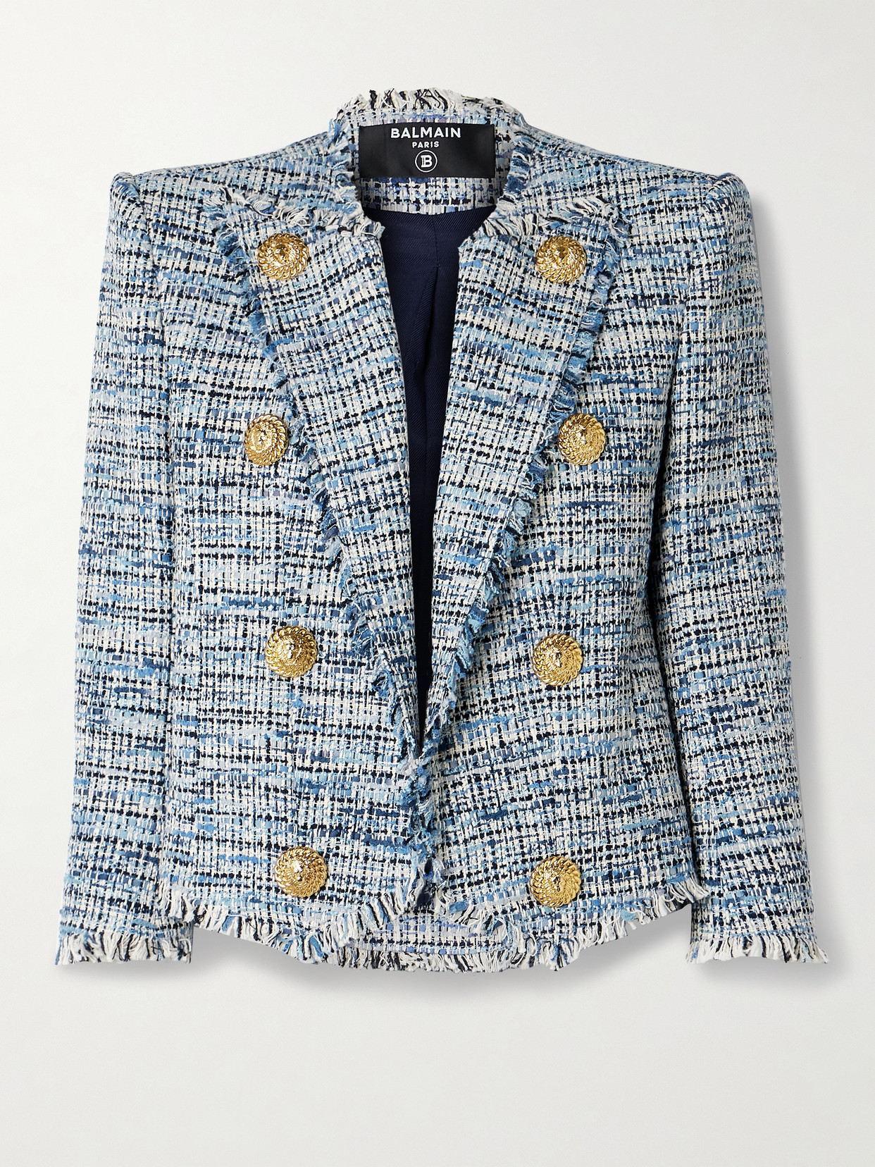 Balmain Spencer Button-embellished Frayed Cotton-blend Tweed Blazer In Blue