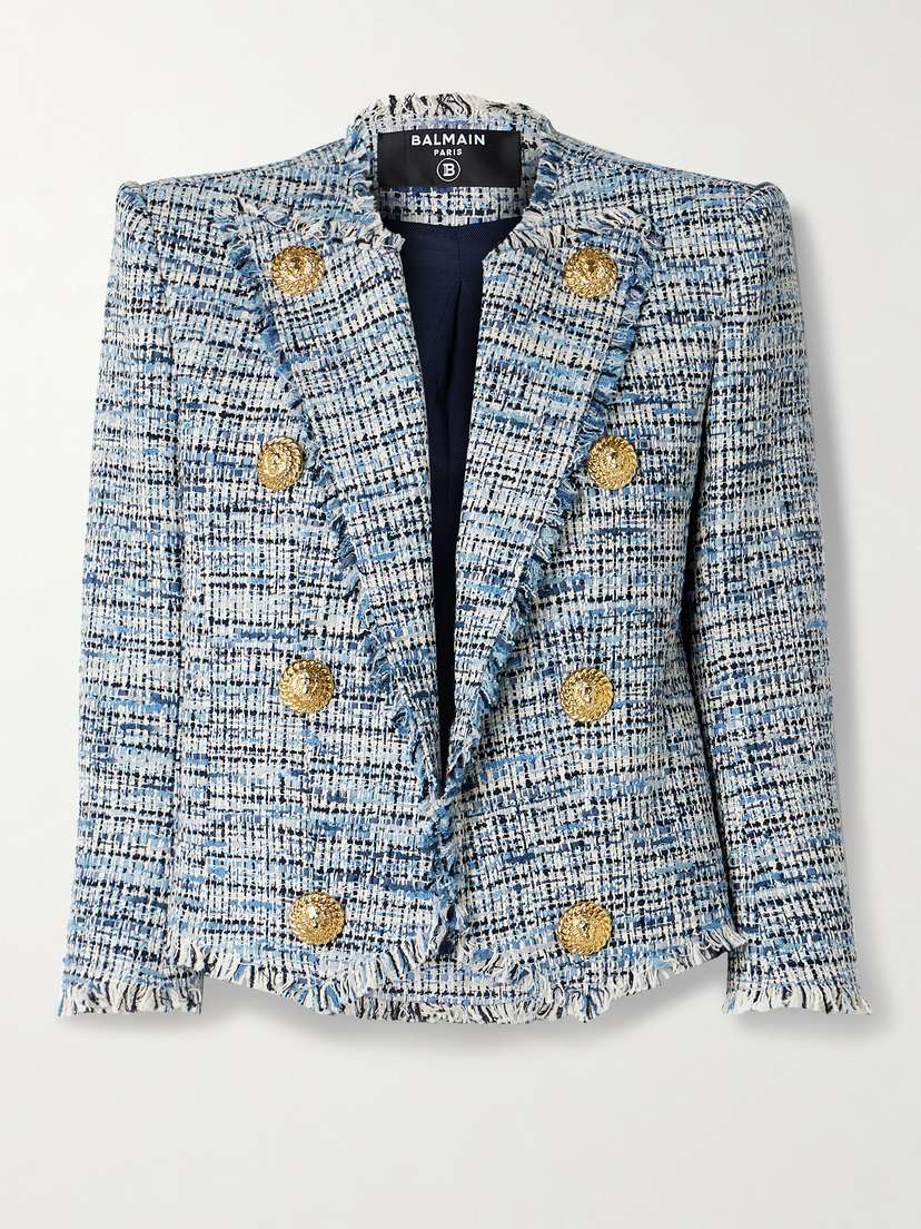 Balmain Spencer Button-embellished Frayed Cotton-blend Tweed Blazer