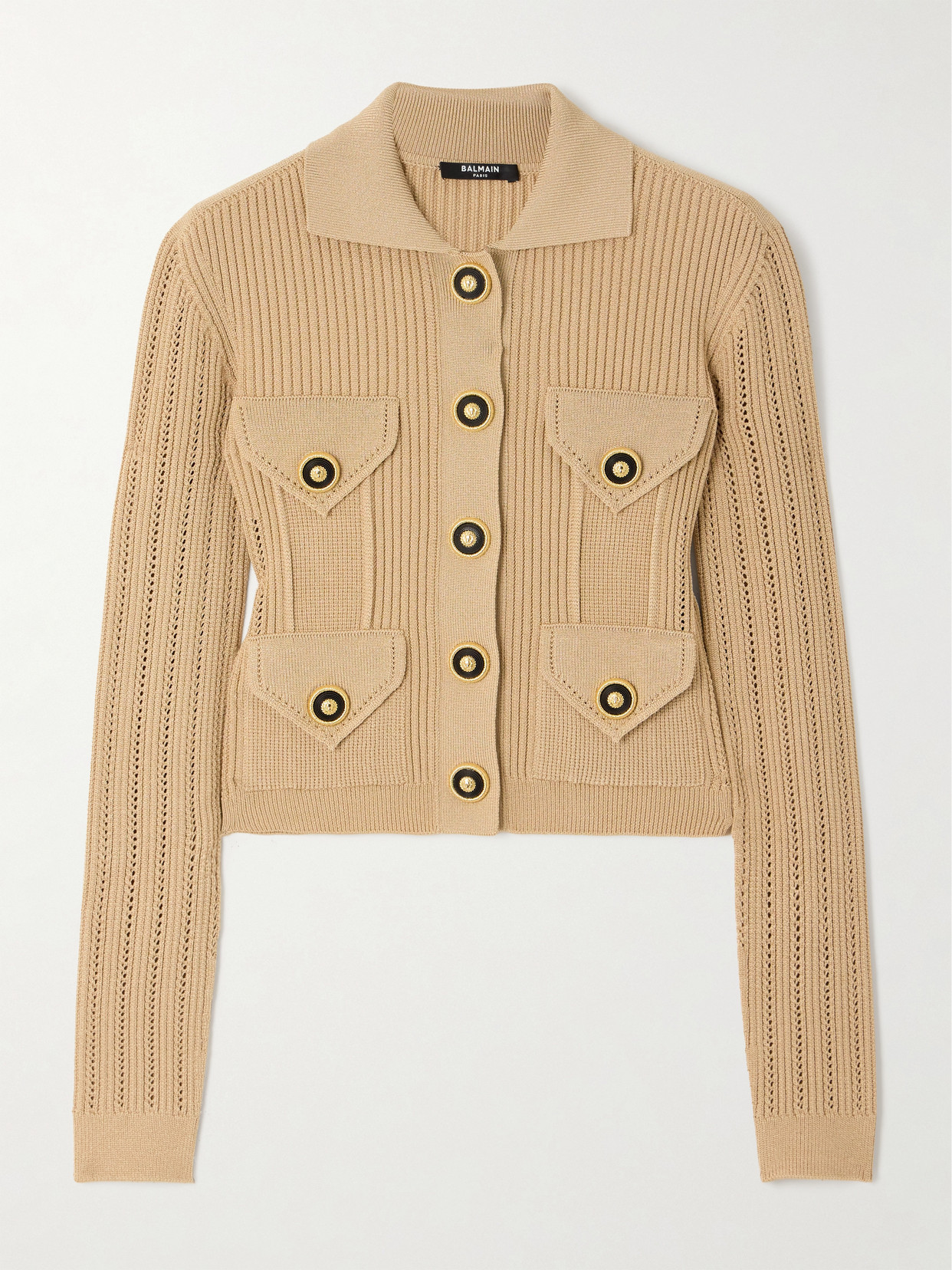 Shop Balmain Ribbed Pointelle-knit Cardigan In Neutrals