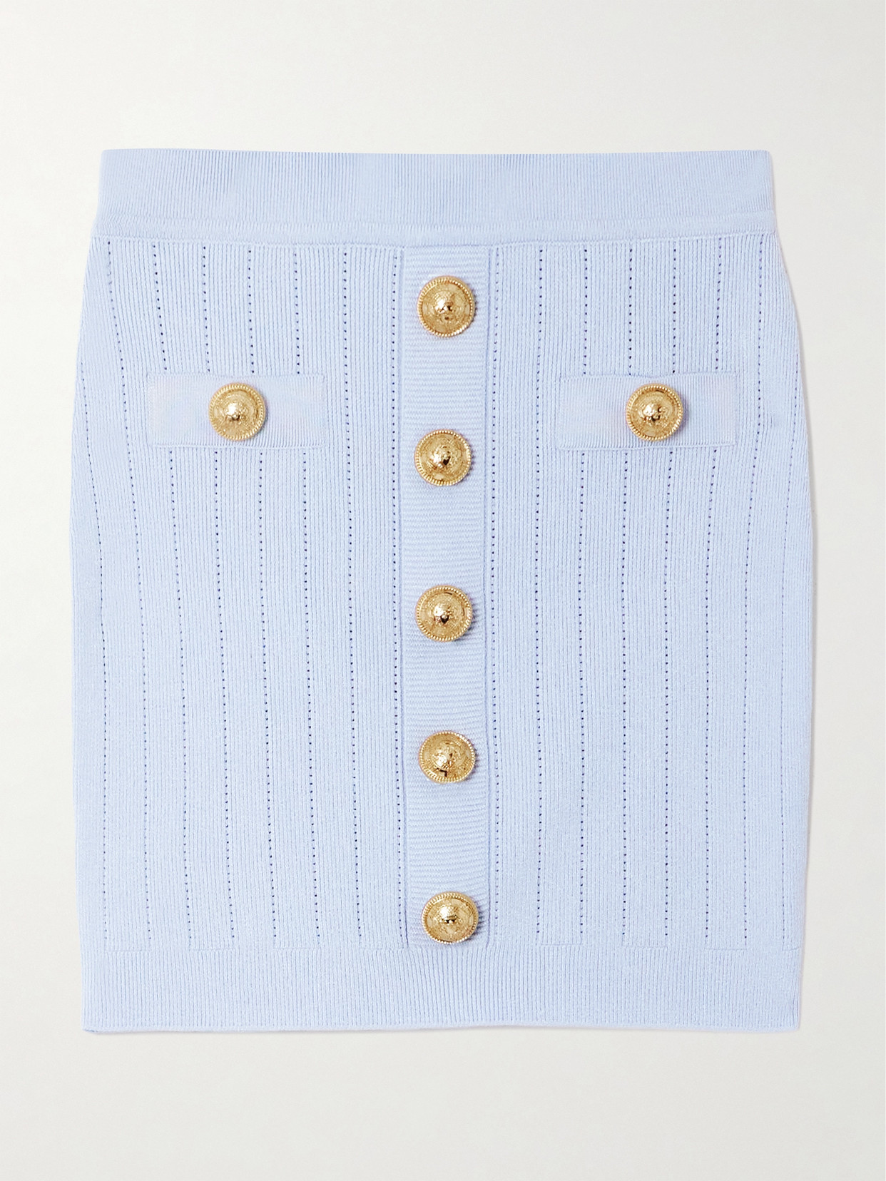 Balmain - Button-embellished Ribbed-knit Mini Skirt - Blue