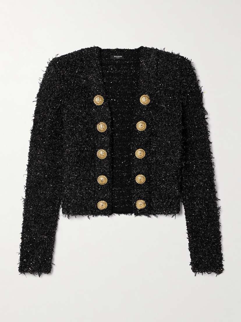 Balmain Button-embellished Sequined Metallic Bouclé-tweed Jacket