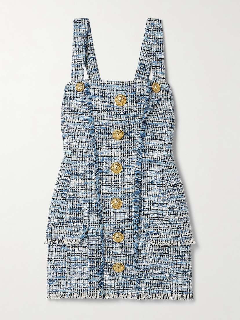 Balmain Button-embellished Frayed Cotton-blend Tweed Mini Dress
